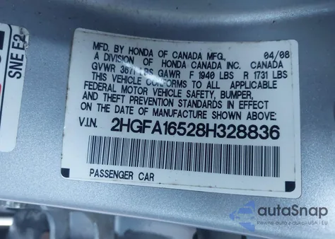 2008 Honda Civic Lx z USA, uszkodzony, nr VIN 2HGFA16528H328836